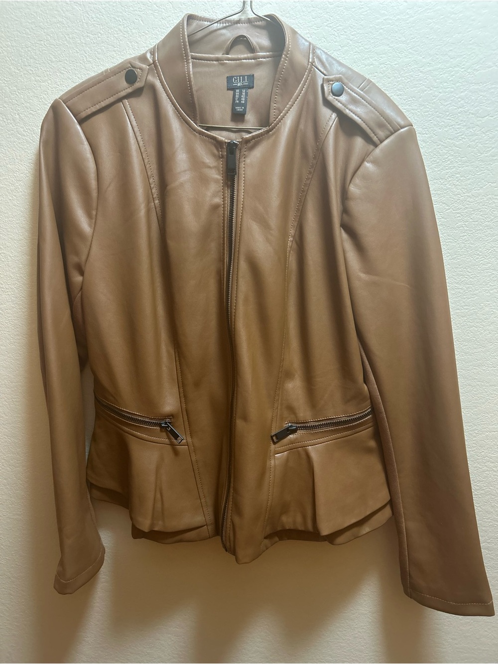 G.I.L.I. Camel Brown Faux Leather Peplum Women’s Zip Jacket Size 12